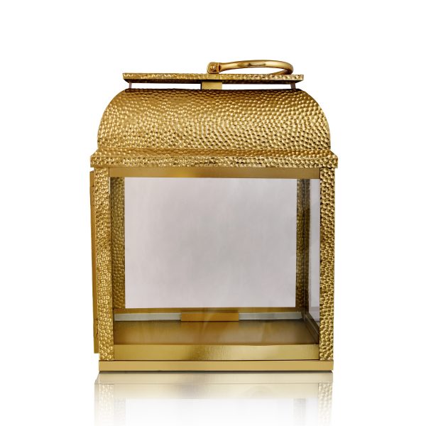 Hammered Rectangular Lantern in Gold Color with a Glass Window is Hand-Crafted