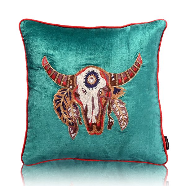 Bison Multi Colour Hand Embroidery Teal Green Cushion Cover